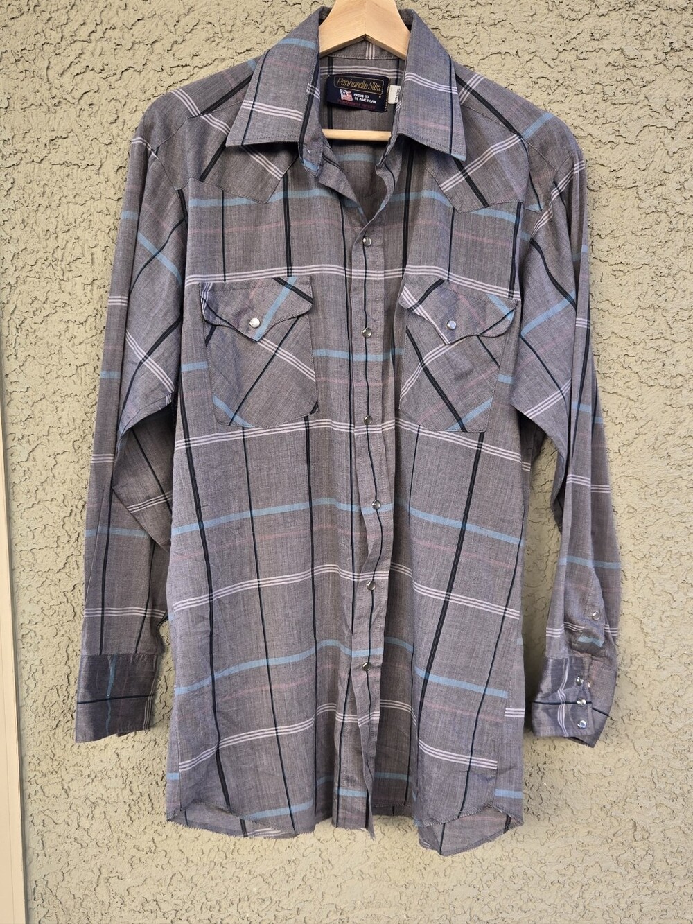 Panhandle Slim Grey Plaid Western Snap Shirt with Blue Accents